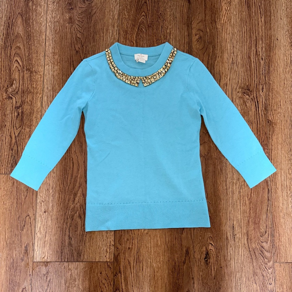 Kate Spade Sweater Womens XS Aqua Blue Jeweled Avaline Wool Cashmere Preppy Top
